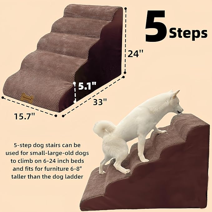 Dog Stairs & Pet Ramp for Small/Large Dogs to High Beds/Couches - 5 Steps 24-inch Height for 18-30 inch Furniture, 2 Washable Covers (Brown, Grey), Non-Slip Balanced 33D Design for Old Dogs & Cats-PawvioPets