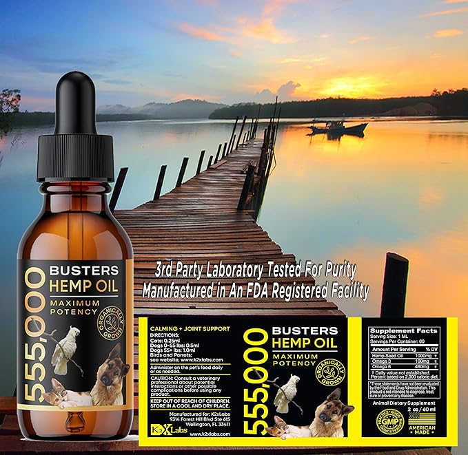 Buster's Organic Hemp Oil 530,000 4Pack-4month Supply for Dogs & Cats - Max Potency - Made in USA - Omega Rich 3, 6 & 9 - Hip & Joint Health, Natural Relief, Calming Drops-PawvioPets