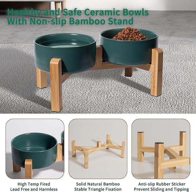 Elevated Ceramic Dog Bowl Set - Raised Dog Bowls with Non-Slip Bamboo Stand - Dog Food and Water Bowl Set - Double Dog Feeding Bowls - Suitable for Small and Medium Dogs - 28.74 OZ - 3.6 CUPS - 850 ML-PawvioPets