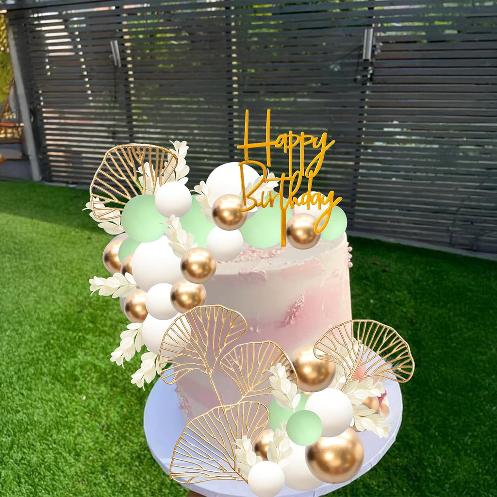 Gyufise 57Pcs Balls Cake Topper Boho Grass Cake topper Pearl Balls Acrylic Happy Birthday Cake Decorations for Wedding Baby Shower Birthday Boho Themed Party Supplies Green