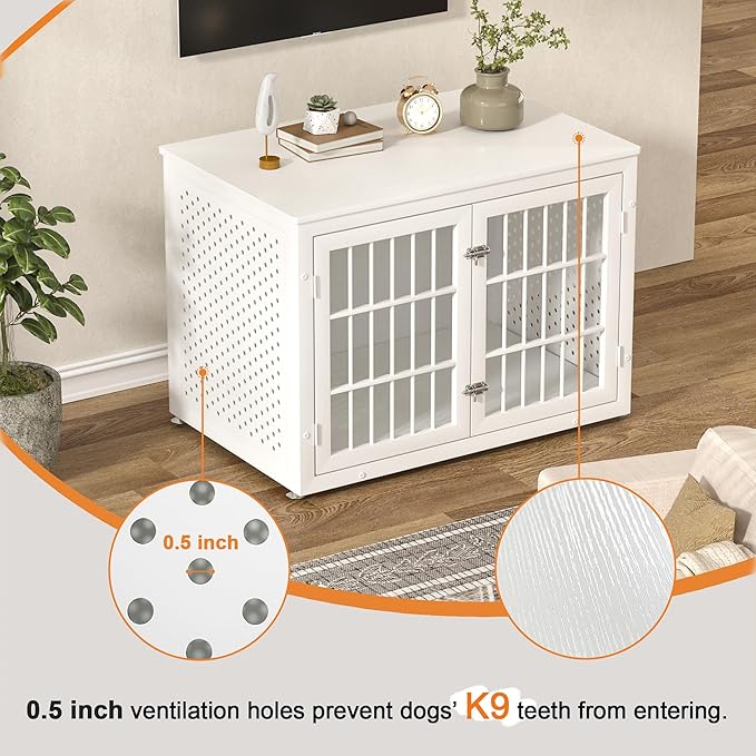38" Heavy Duty Dog Crate Furniture for Large and Medium Dogs,Wooden Metal Kennel for High Anxiety Dogs, Chew Proof Pet Cage Indoor, Decorative Dog Kennel End Table, White-PawvioPets