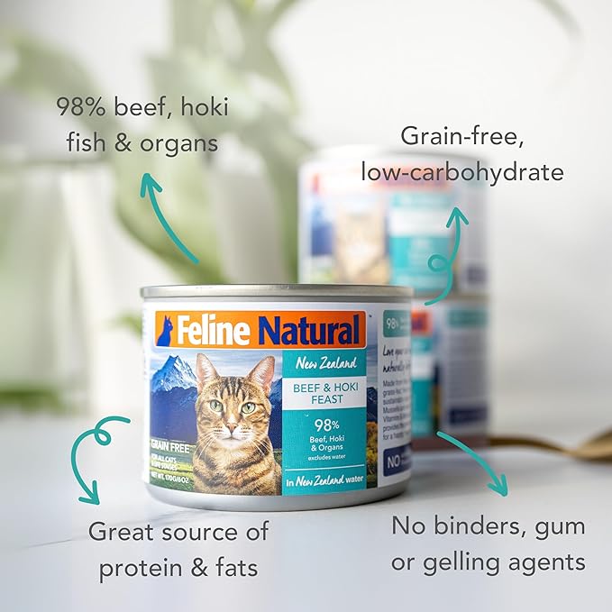 Feline Natural New Zealand Canned Catfood Wet Food, High-Meat, Low-Carb, & Grain Free Cat Food Wet, Beef & Hoki Feast, 6 oz, Pack of 12-PawvioPets