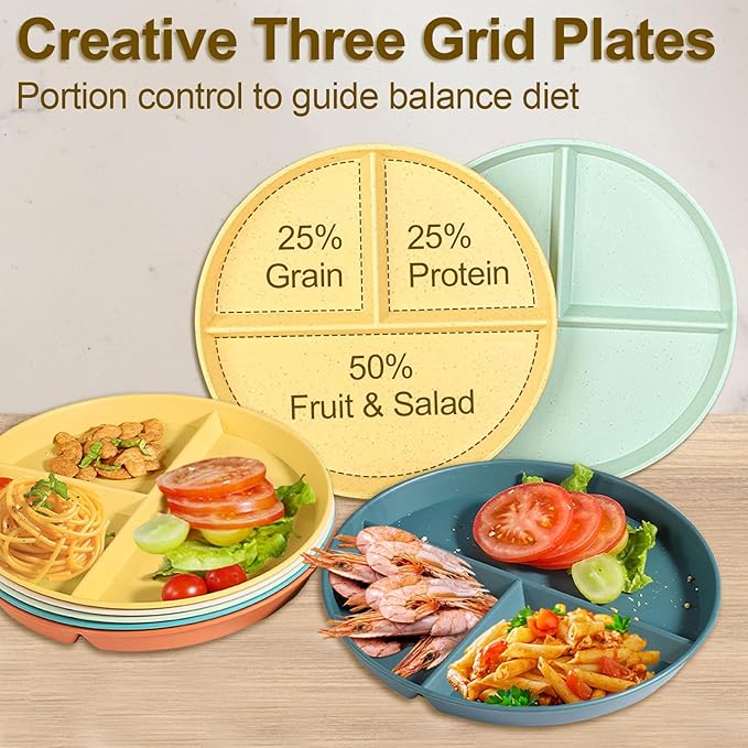 Divided Plates for Adults (8 Packs), Unbreakable Portion Control Plate Sectioned with Dividers, 9 Inch Plastic Food Separator Dinner Plates Lightweight Compartment BPA Free Reusable Microwave Safe-PawvioPets