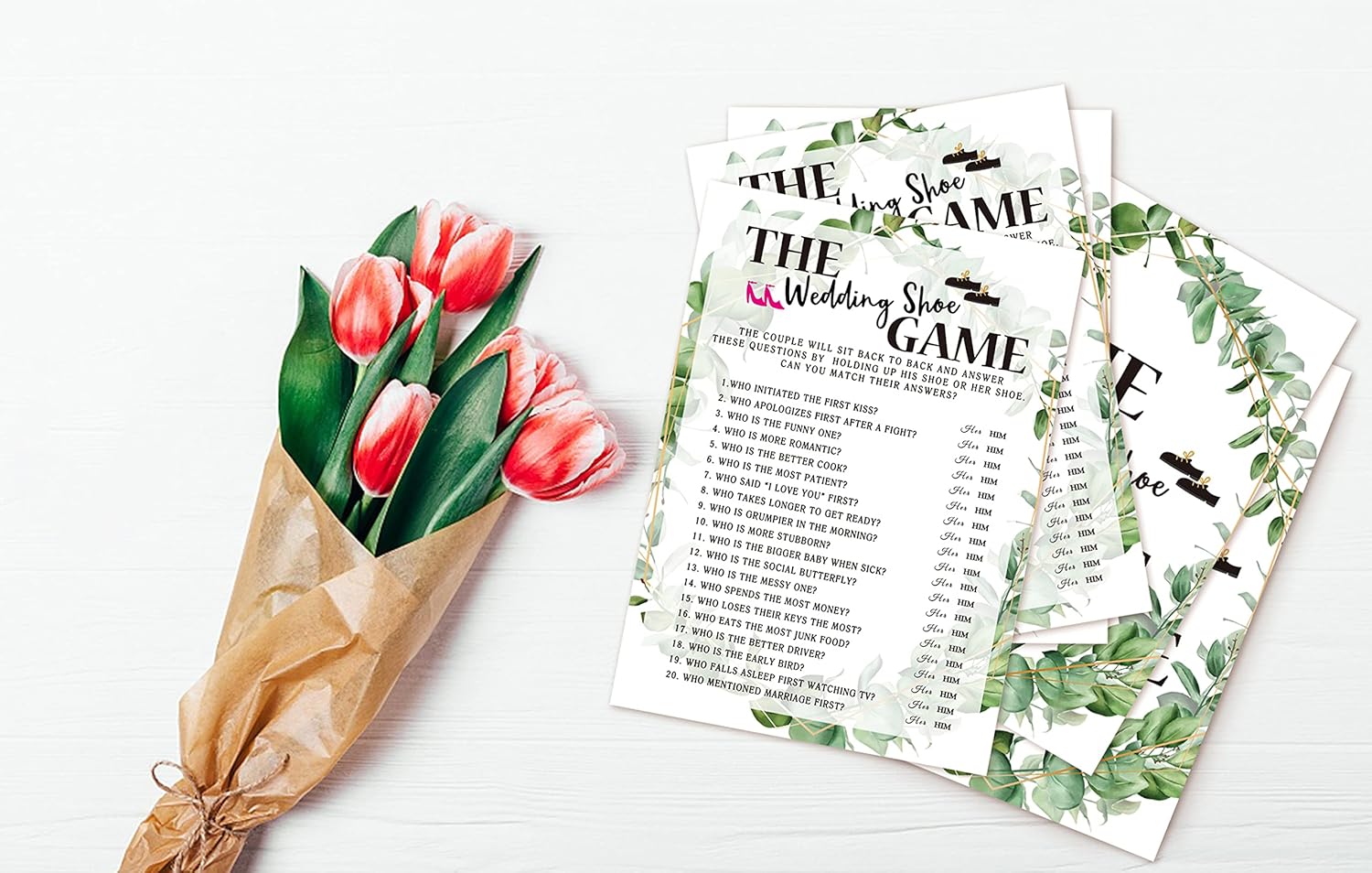 Bridal Shower Game Cards, Wedding Shoe Game, Tropical Jungle Theme Engagement Party Cards for Wedding, Set of 30 (Leaf004)