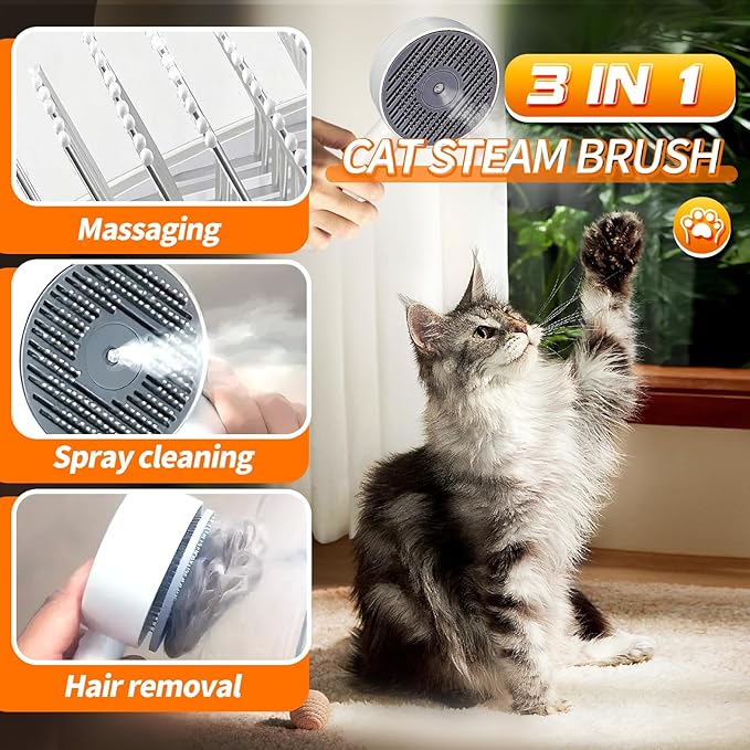 3 in 1 Cat Steam Brush, Self-Cleaning Anti-Static Pet Spray Hair Removal Comb for Cats with Release Button and Tank, Rechargeable Steam Brush for Shedding, Massage and Cleaning-PawvioPets