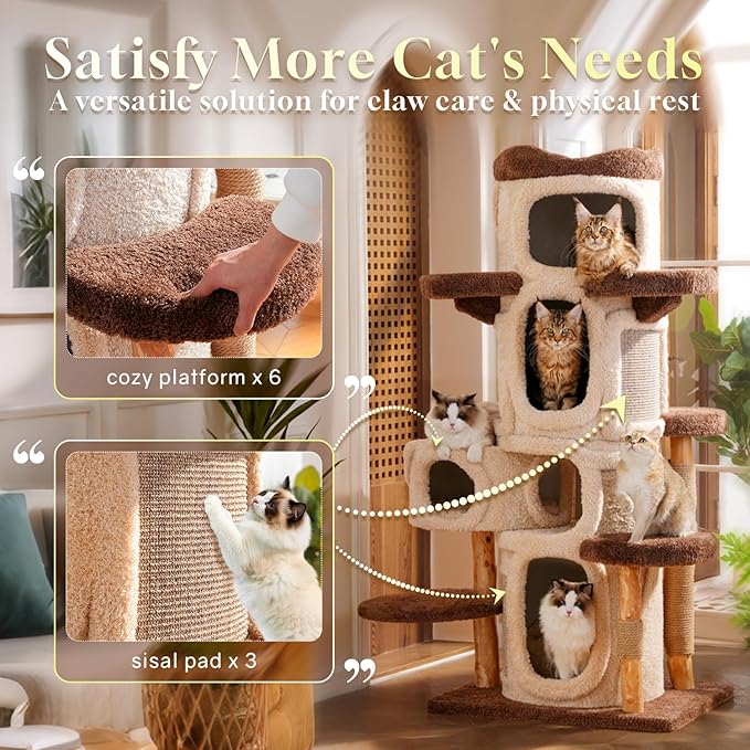 69.69'' Modern Cat Tree for Indoor Cats Large Adult, Luxury Cat Tower with Scratching Post, Multi Level Spacious Condo, Heavy Duty Kitty House, Sturdy Cat Activity Center for Large Cat-PawvioPets