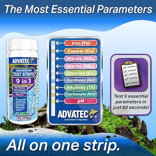 9 in 1 Aquarium Test Strips for Salt & Freshwater, Fish Tank Tester Kit for Iron, Copper, Carbonate, pH, Nitrate, Nitrite, Chlorine, Total Hardness & Alkalinity - 25 Count-PawvioPets