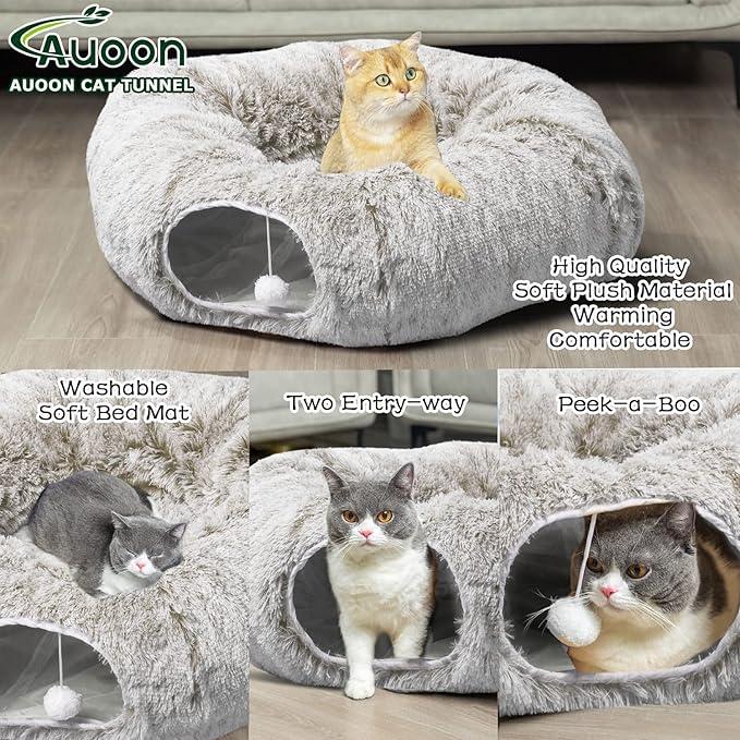 AUOON Cat Tunnel Bed - Cat Donut Tunnel with Soft Plush Circle Cushion for Indoor Cats Kitten Kitty Puppy Rabbit Ferret (Khaki)-PawvioPets