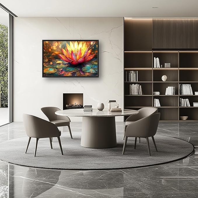 Framed Large Lotus Wall Art for Living Room, Oversized Lotus Flower Wall Decor Zen Golden Floral Canvas Painting Modern Artwork Home Decoration for Living Room Bedroom Office 36"x24"-PawvioPets