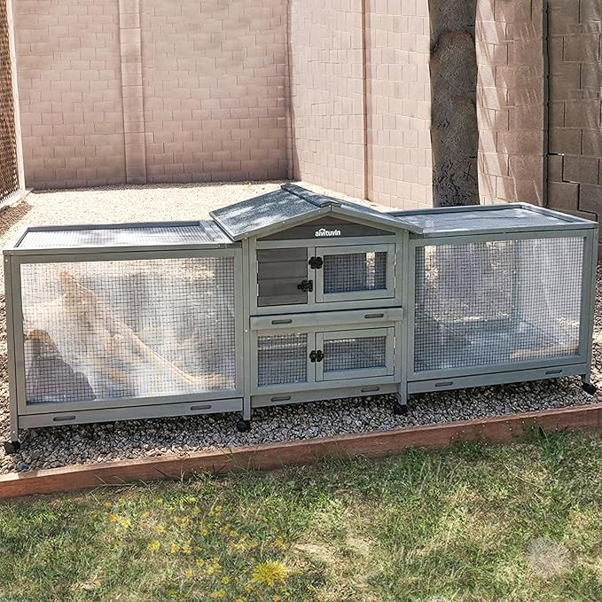 Aivituvin Rabbit Hutch Large 2-Story Bunny Cage Indoor Outdoor on Wheels Bunny House with Run,Pull-Out Tray-PawvioPets