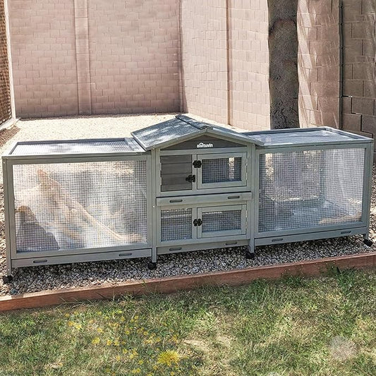 Aivituvin Rabbit Hutch Large 2-Story Bunny Cage Indoor Outdoor on Wheels Bunny House with Run,Pull-Out Tray-PawvioPets