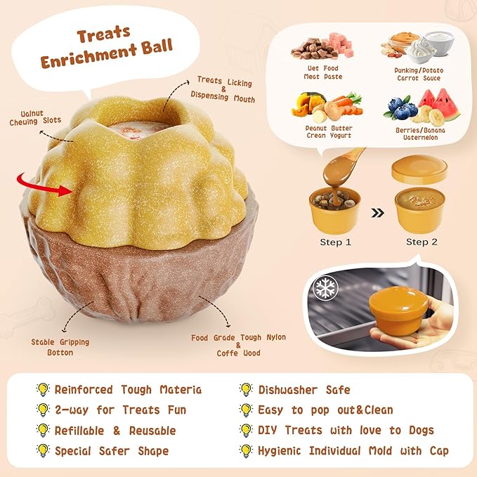 Dog Frozen Treats Toy, Cognitive Dogs Brain Stimulation Toys for Aggressive Chewers, Interactive Dispensing Toy Enrichment Keep Them Busy No-Boredom, Tough Nylon&Coffe Wood Fillable Puzzle Dog Feeder-PawvioPets