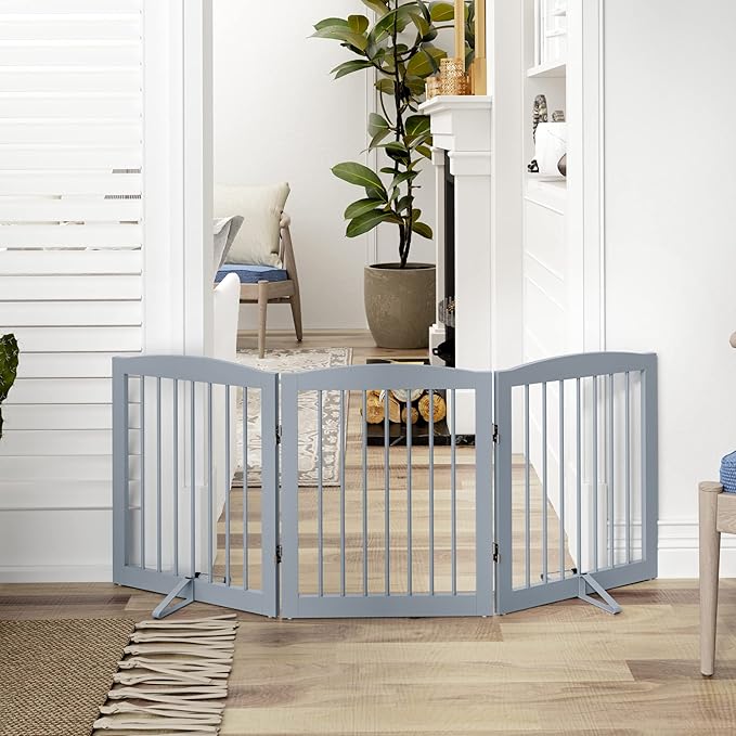Freestanding Pet Gate for Dogs, Foldable Wooden Dog Gate for House, Indoor Dog Gate for Doorways, Stairs, Gates for Dogs Indoor, Support Feet Included, 24" Height 3 Panels, Grey-PawvioPets