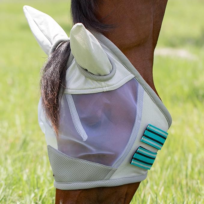 Equinavia Algard Soft Mesh Horse Fly Mask with Ear Protection and 45 UPF Rating | No Eye Irritation & UV Protection - Silver/Turquoise - Warmblood-PawvioPets