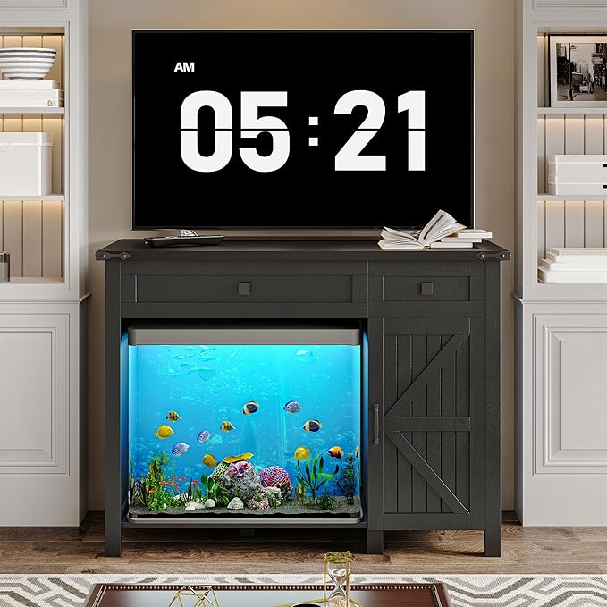 40 Gallon Aquarium Stand With Charging Station, Farmhouse Fish Tank Stand, Reptile Tank Stand Terrarium Stand with Drawer and Cabinet Storage, Sturdy Heavy Duty 41.9"×18.3" Tabletop - Black-PawvioPets