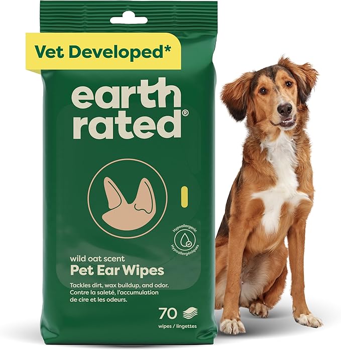 Earth Rated Vet-Developed Pet Ear Wipes, Hypoallergenic Cleaner for Dogs & Cats Ears to Remove Dirt and Wax Build Up, Wild Oat Scent, 70 Count-PawvioPets