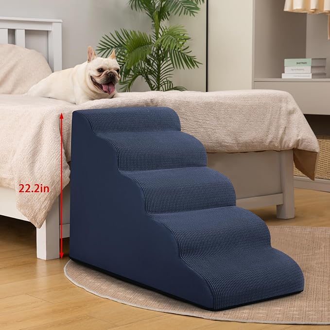 5-Step Dog Stairs and Ramp for High Bed, Non-Slip Sturdy Pet Steps for Small Dogs and Cats,22.2" H,Blue-PawvioPets