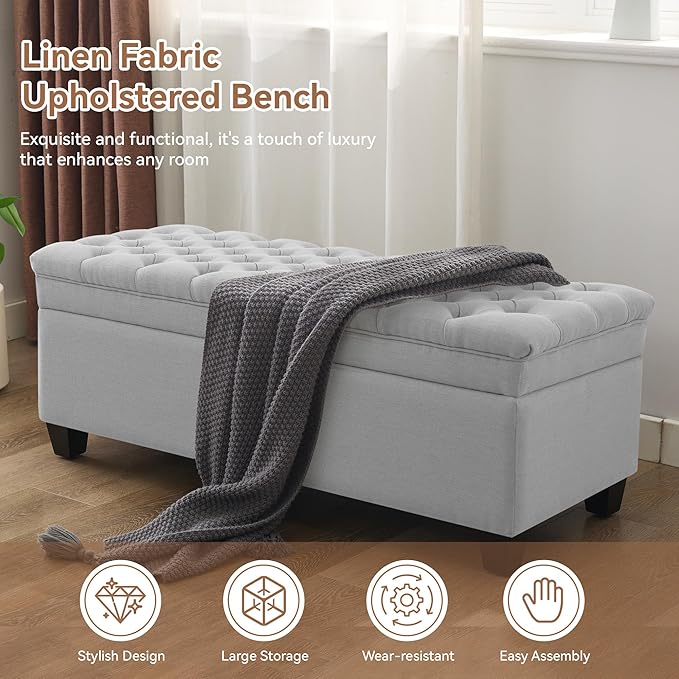 51" Fabric Storage Ottoman Bench, Upholstered Rectangle End of Bed Storage Ottoman Tufted Living Room Bedroom Bench with Safety Hinge, Solid Wood Legs, Loads 500 lb(Light Grey)-PawvioPets