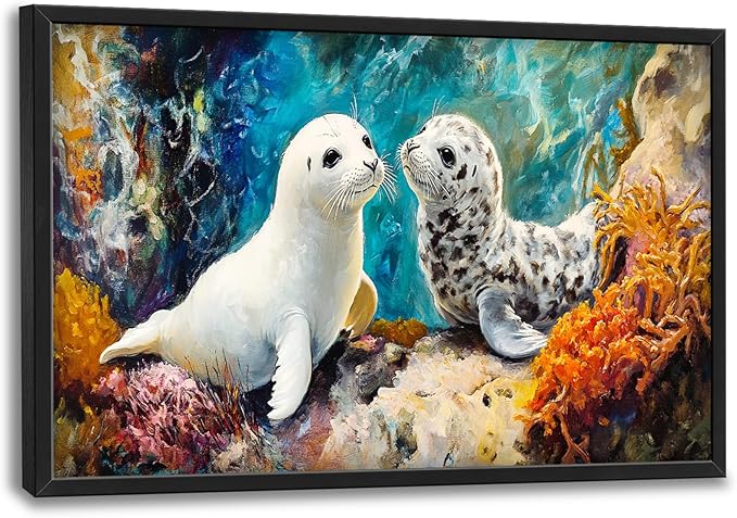 Extra Large Seal Framed Wall Art for Living Room,Oversized Underwater Animal Pictures Wall Decor,Ocean Coral Reef Canvas Print Painting Modern Artwork Bedroom Office Bathroom 36L" x 24W"-PawvioPets