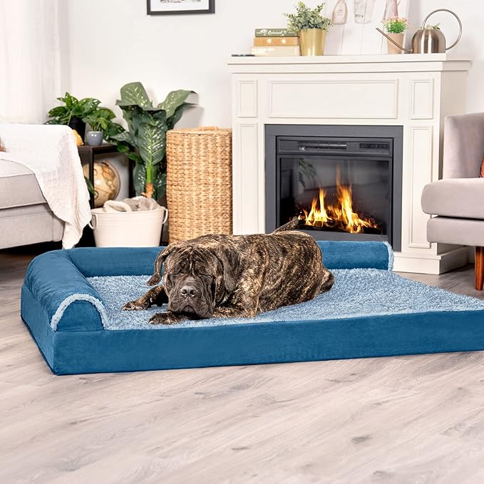 Furhaven Cooling Gel Dog Bed for Large Dogs w/ Removable Bolsters & Washable Cover, For Dogs Up to 125 lbs - Two-Tone Plush Faux Fur & Suede L Shaped Chaise - Marine Blue, Jumbo Plus/XXL-PawvioPets