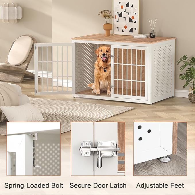 48" Heavy Duty Dog Crate Furniture for Large Dogs, Metal Kennel for High Anxiety Dogs, White Wooden Cage Furniture Indoor, Decorative Dog Kennel End Table, XL-PawvioPets