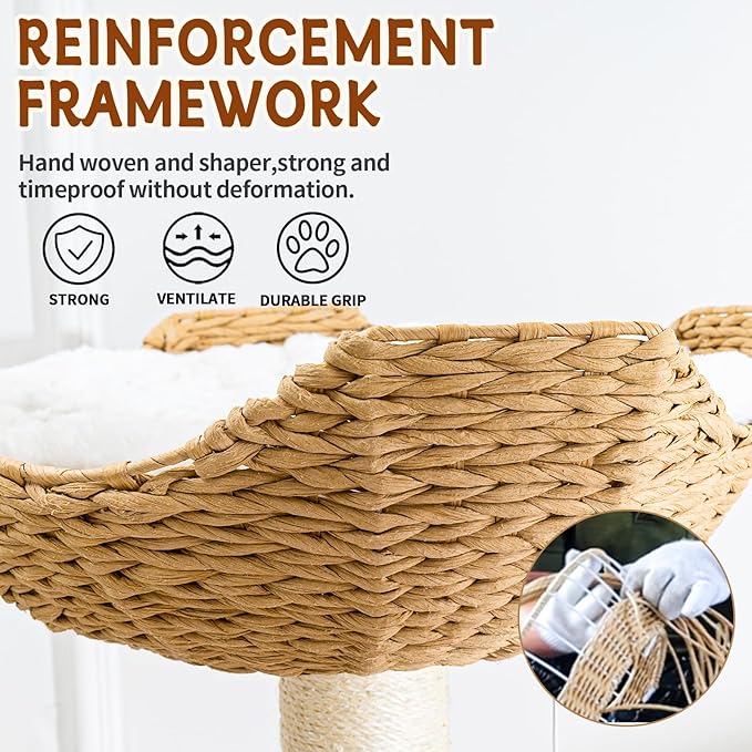 Big Modern Design Cat Tree Tower with White Cloud Mat, Unique Cat Supplies Tower with Scratching Post, Cute Wood Cat Tree Cat Furniture Activity Centre for Indoor Big Cats-PawvioPets
