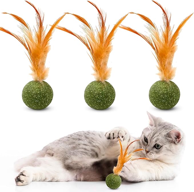 3 Pcs Catnip Balls with Feathers – Natural Catnip Toy for Play, Stress Relief & Healthy Enrichment Interactive Cat Toys Perfect for Indoor Cats & Kittens, Encourages Active Play & Wellness-PawvioPets