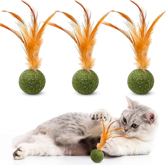 3 Pcs Catnip Balls with Feathers – Natural Catnip Toy for Play, Stress Relief & Healthy Enrichment Interactive Cat Toys Perfect for Indoor Cats & Kittens, Encourages Active Play & Wellness-PawvioPets