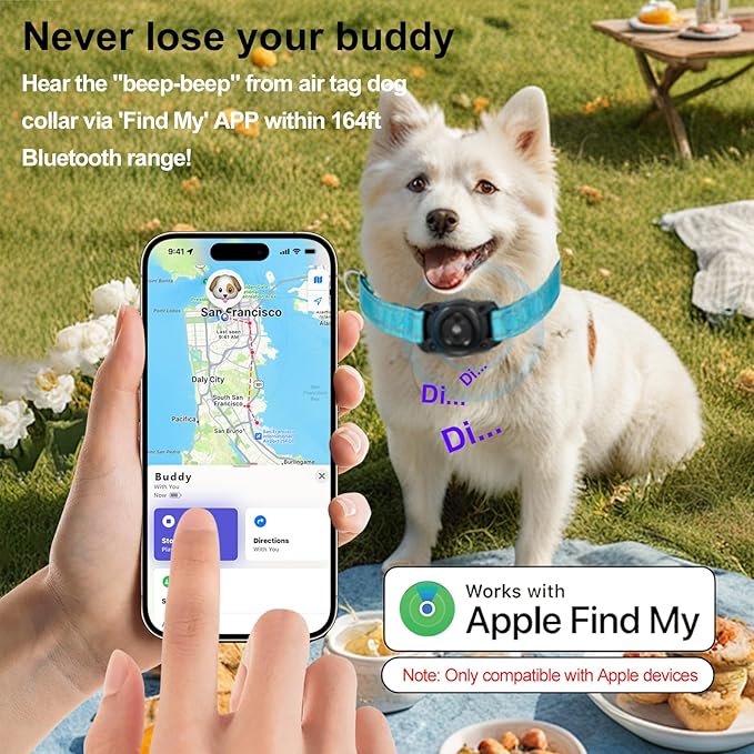 Air -Tag Dog Collar Waterproof Dog Air Tracker Chip for Apple Find My (iOS only) Reflective Strip Real Time Anti-Loss Tags Ultra-Durable GPS Pet Tracking Collar, Sky Blue M (12.4''-17.3'')-PawvioPets