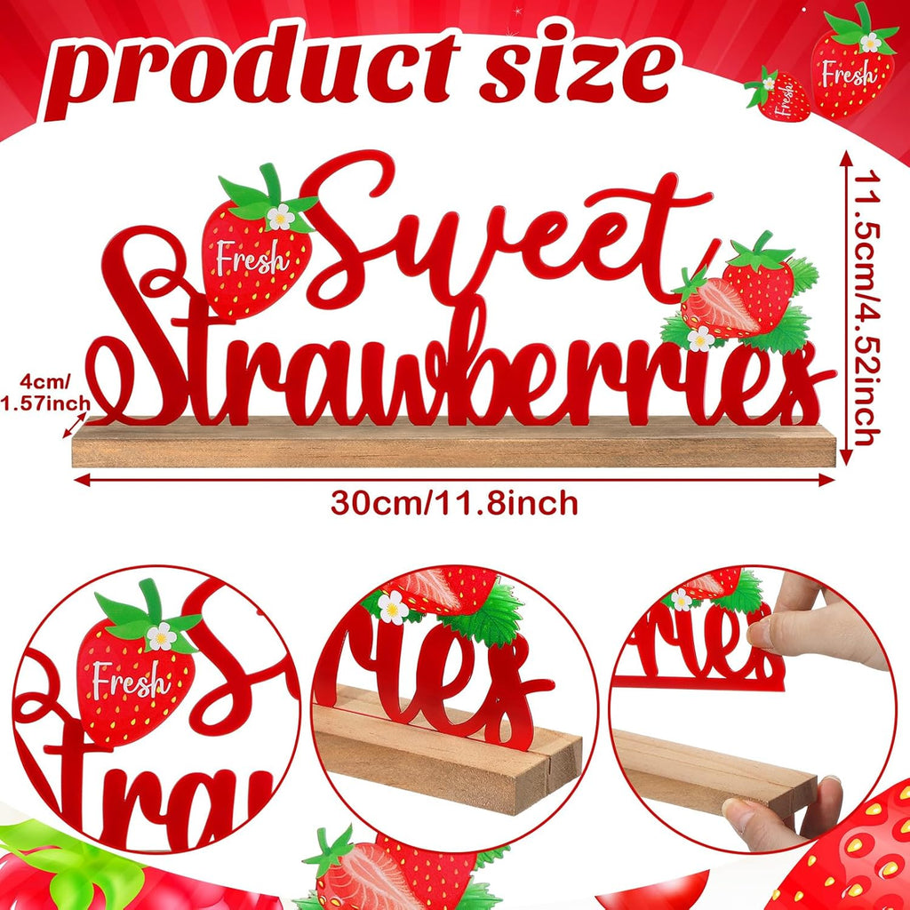 Fresh Sweet Strawberries Metal Sign Rustic Table Decor Summer Tiered Tray Decor with Wooden Base Freestanding Metal Word Sign for Home Tabletop Centerpiece Mantel Shelf Fireplace