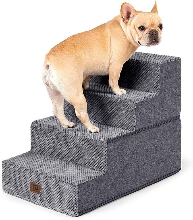 EHEYCIGA Dog Stairs for Bed 18" H, 4-Step Dog Steps for High Bed, Pet Steps for Small Dogs and Cats, Non-Slip Balanced Pet Ramp Indoor, Grey-PawvioPets