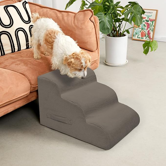 Dog Steps for Small Dogs, 3-Step Pet Ramp Stairs for High Beds and Sofa, Non-Slip Pet Stairs for Small Dogs and Cats, Removable and Easy to Clean Cover, Light Brown-PawvioPets