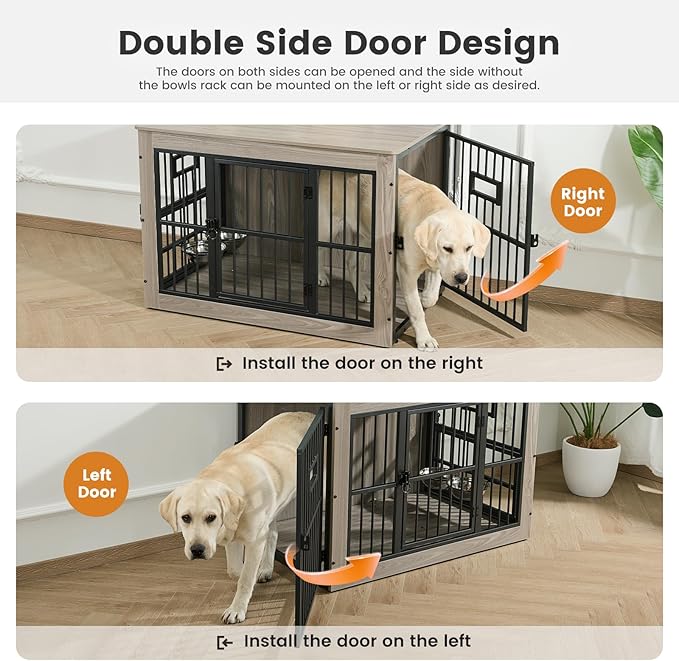 Gardner Pet Dog Crate Furniture for Medium Dogs, 38.8 Inch Dog Kennel Indoor, Wooden Dog Cage End Table with 2 Removable Bowls, Heavy Duty Dog Crate, Rustic Grey-PawvioPets