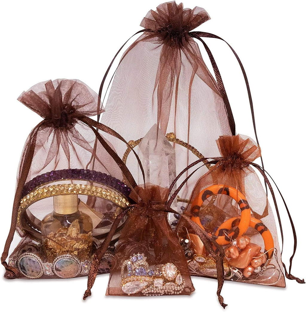 TheDisplayGuys 100-Pack XS 2 x 2 3/4" Brown Sheer Organza Gift Bags with Drawstring, Jewelry Candy Treat Wedding Party Favors Mesh Pouch
