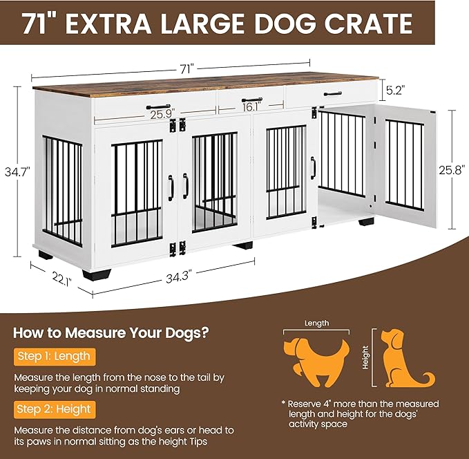 71 Inch Dog Crate Furniture for 2 Rooms, Wooden Double Crate Large Breed with Door, Dog Kennel Indoor, TV Stand End Table with Divider for Large Medium Dogs,White/Brown-PawvioPets