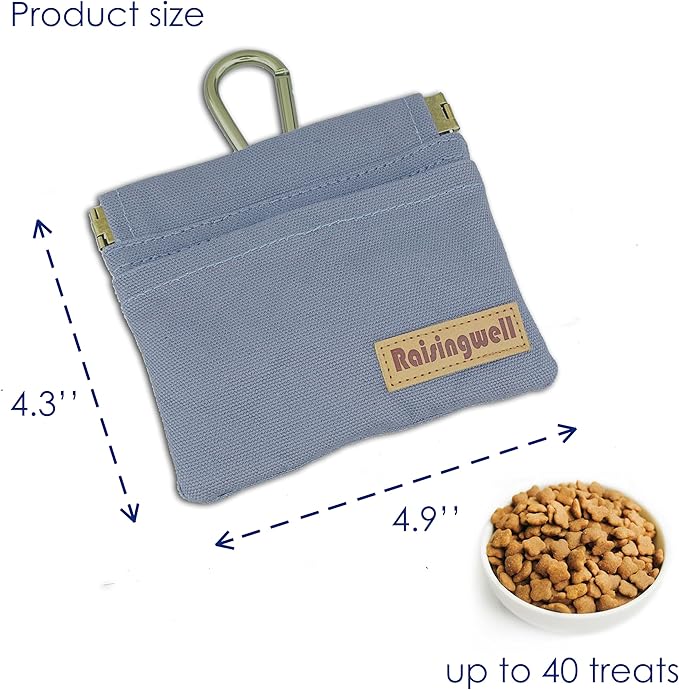 Dog Treat Pouch, Small Cotton Pocket Sized Training Holder, Hand Free Walking Fanny Bag with Carabiner, Self-Closing Pet Feed Snack Reward, Behavior Aids for Puppy Travel or Outdoor (Grey)-PawvioPets