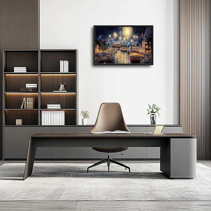 Framed Large Firework Night Sky Wall Art, Oversized European City Landscape Wall Decor for Living Room, River Boats Canvas Pictures Home Decoration for Living Room Bedroom Office 36"x24"-PawvioPets