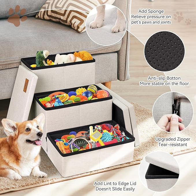 Dog Stairs with Storage 18" H, 3-Step Wider Dog Steps for Small/Medium/Large Old Dogs Cats, Folding Sturdy Pet Stairs Climbing Bed or Couch, Ramp for Car Up to 200 lbs (Beige, No Condo)-PawvioPets