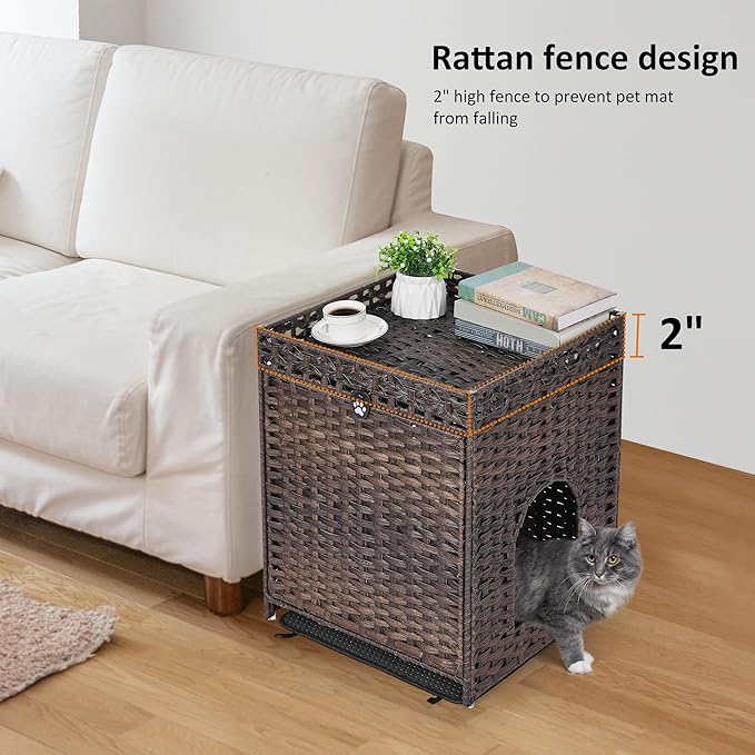 Cat Litter Box Enclosure with Soft Litter Mat; Hidden Cat Washroom Furniture with Door; Handwoven Rattan Cat House; Pet Crate for Living Room, Bedroom, Balcony (Brown)-PawvioPets
