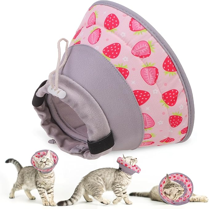 EXPAWLORER Cat Recovery Cone Collar- Soft Adjustable Pet Collar for After Surgery, Waterproof Elizabethan Protective Collar, Stop Licking Donut for Small Medium Kittens (Strawberries M (8.5-12 in))-PawvioPets