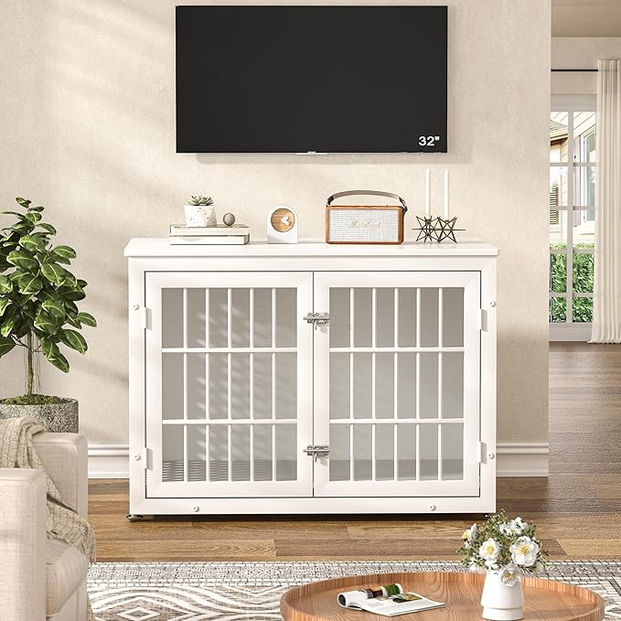 38" Heavy Duty Dog Crate Furniture for Large and Medium Dogs,Wooden Metal Kennel for High Anxiety Dogs, Chew Proof Pet Cage Indoor, Decorative Dog Kennel End Table, White-PawvioPets