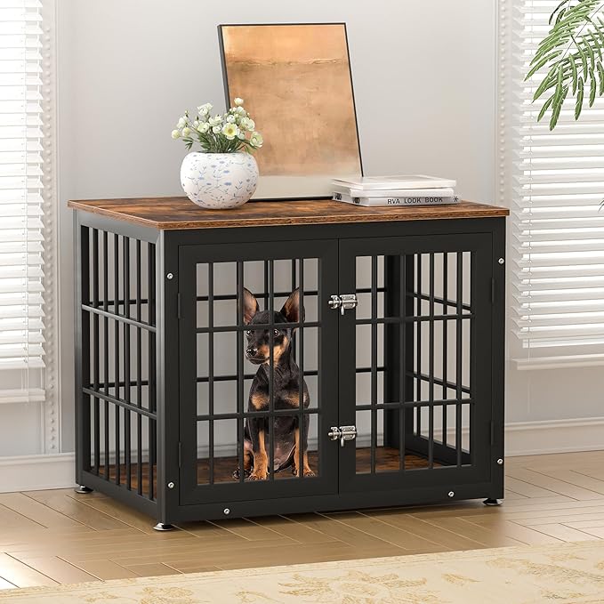 32 Inch Heavy Duty Dog Crate Furniture for Medium and Small Dogs, Decorative Pet House End Table, Wooden Cage Kennel Furniture Indoor, Rustic Brown-PawvioPets