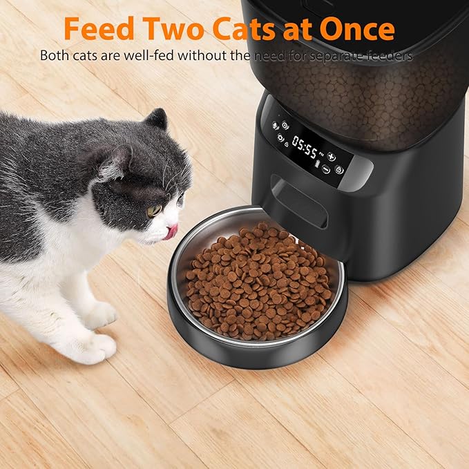 Automatic Cat Feeder, Cat Food Dispenser with Stainless Steel Bowl, Timed Portion Control 20 Portions 6 Meals Per Day, Voice Recorder, Dual Power Supply for Small Dogs (Black)-PawvioPets