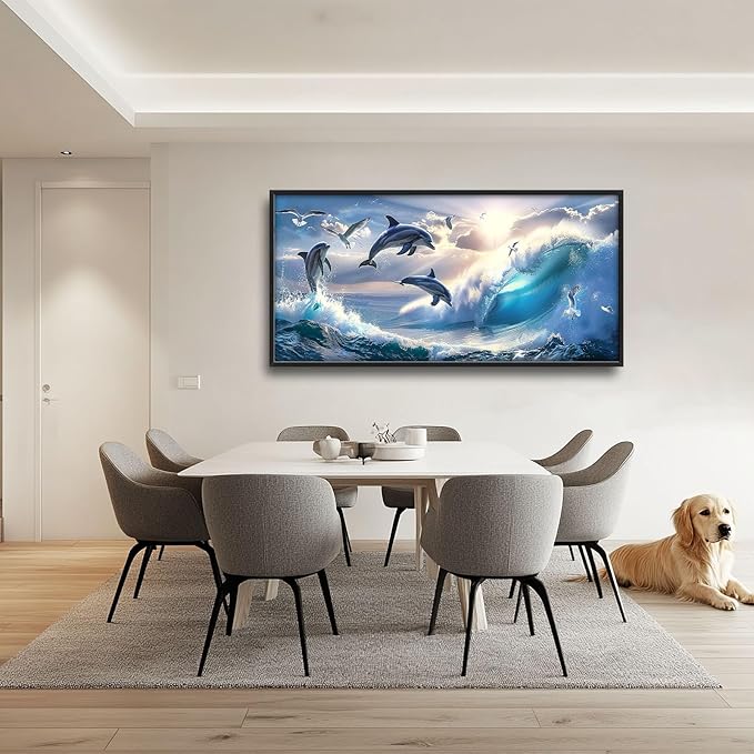 Dolphin Seagull Large Wall Art Sea Ocean Waves Sunrise Pictures Wall Decor Nautical Coastal Canvas Print Painting Artwork for Bathroom Living Room Bedroom 60L" x 30W"-PawvioPets