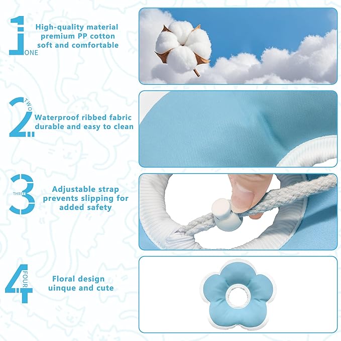 Cat Cone Collar Soft, Waterproof Cats Cones to Stop Licking After Surgery, Adjustable Soft Elizabeth Cats Collars for Wound Healing, Flower Shape Cat Recovery Collar (Blue, Small)-PawvioPets