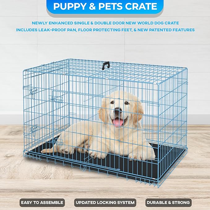 FDW Dog Crate for Medium Dogs 30 Inch Folding Metal WirePet Cage Double Door W/Divider Panel Indoor Outdoor Kennel Leak-Proof Plastic Tray,Blue-PawvioPets