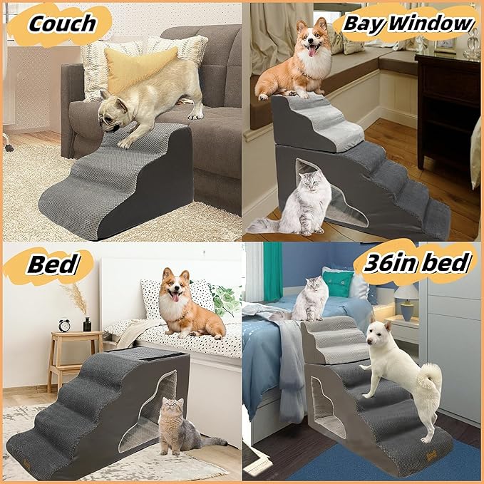 7-Step Dog Stairs for 36 Inch High Beds Small Dogs, Pet Ramp Stairs 20-42 Inch Couch Bed, Non-Slip Balanced Stairs 75lbs for Small Old Large Dogs Cats to Get on Bed-PawvioPets