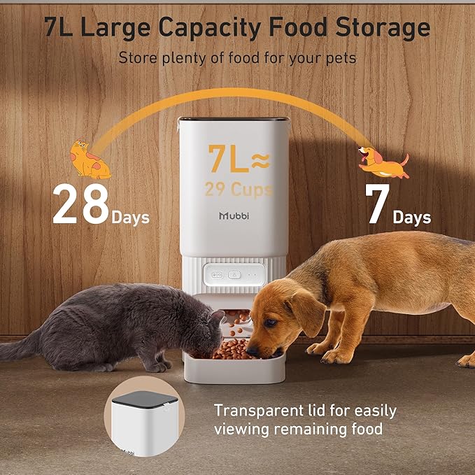 7L/29 Cups Automatic Dog Feeder, 5G WiFi Auto Cat Feeder with Desiccant Bag, Cat Food Dispenser, App Remote Feeding, Stainless Steel Bowl, Dual Power Supply, Ideal for 2-15mm Dry Food-PawvioPets