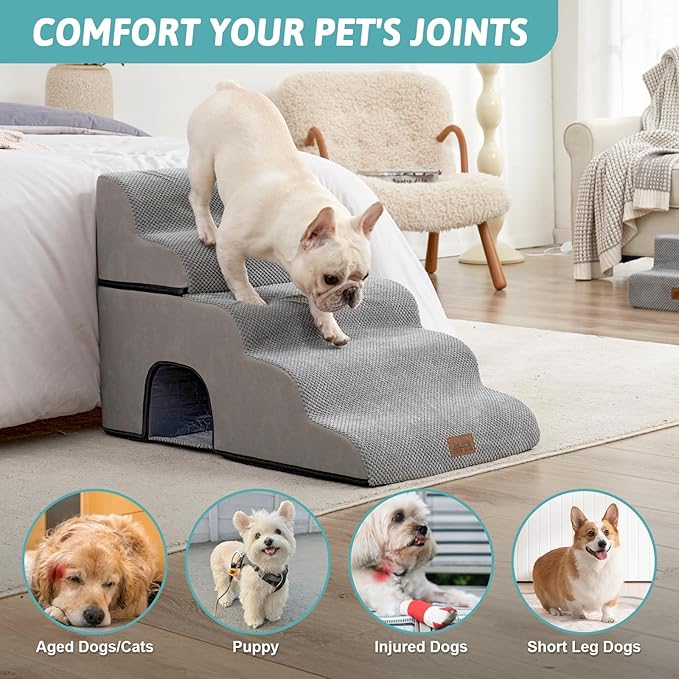 Extra Wide Dog Stairs with Tunnel, Detachable Large Pet Step for Small Medium Dog, Puppy or Cat, Ramp for High Bed, Couch, Sofa or Car, Stable, 19.7x33x22.4 inch, 5 Step, Grey-PawvioPets