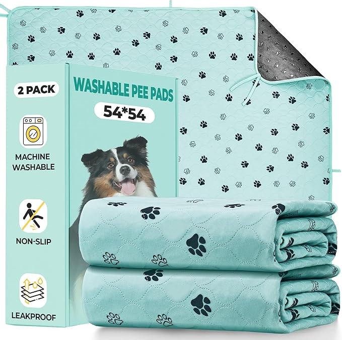 Fostanfly Washable Pee Pads for Dogs, 2 Pack Large 54"x54" Ultra-Absorbent and Leak-Proof Non-Slip Reusable Potty Training Pads for Dogs, Cats, Puppy, Potty of Add 8 Lanyards, Green-PawvioPets